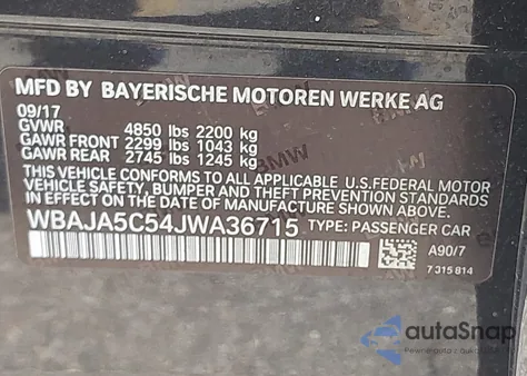 2018 BMW 530I z USA, uszkodzony, nr VIN WBAJA5C54JWA36715